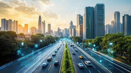 Fototapeta premium Urban Cityscape at Sunrise with Highways and Skyscrapers in Futuristic Technology Environment