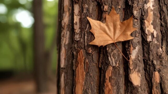 Single brown maple leaf rests against the textured bark of an old tree trunk in woodland scenery.