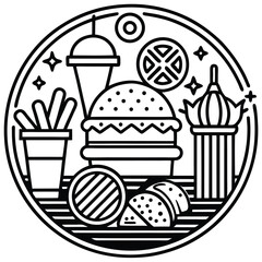 Fast Food Icon Set in Black and White – Burger, Drinks, Desserts, Pizza, and Snacks Vector