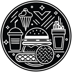 Fast Food Icon Set in Black and White – Burger, Drinks, Desserts, Pizza, and Snacks Vector