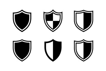 Collection of six shield icons in black and white