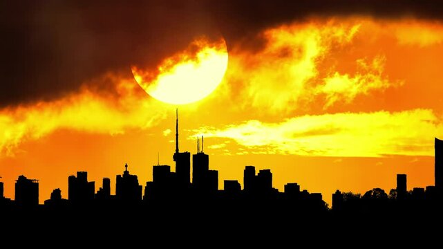 Cinematic sun set at red yellow and orange city sky silhouette timelapse. Artistic effects collage of hot summer atmosphere and heat wave mist. Yellow sun setting at epic golden hour time lapse.