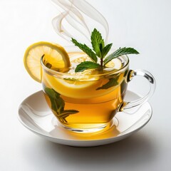 fresh hot tea vitamin c lemon mint in a transparent cup