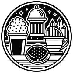 Fast Food Icon Set in Black and White – Burger, Drinks, Desserts, Pizza, and Snacks Vector