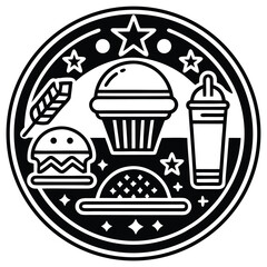 Fast Food Icon Set in Black and White – Burger, Drinks, Desserts, Pizza, and Snacks Vector