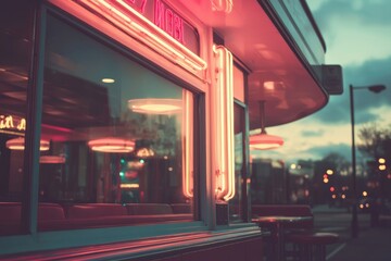 Retro Diner With Neon Lights Glowing Warmly At Dusk In Nostalgic Postcard Style. Evokes Memories Of Classic American Diners