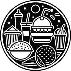 Fast Food Icon Set in Black and White – Burger, Drinks, Desserts, Pizza, and Snacks Vector