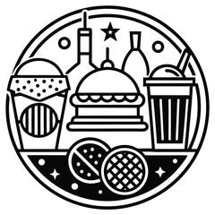 Fast Food Icon Set in Black and White – Burger, Drinks, Desserts, Pizza, and Snacks Vector