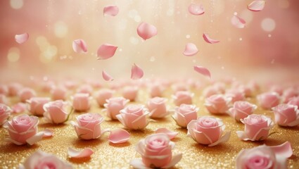 pink roses petals flying in the air background golden tenderness