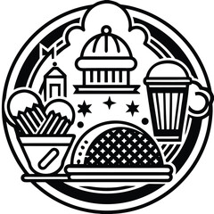 Fast Food Icon Set in Black and White – Burger, Drinks, Desserts, Pizza, and Snacks Vector