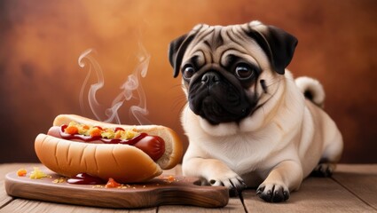 pug sits next to a hot dog