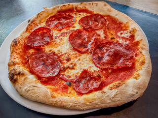 Fresh Baked Artisanal Cheese Pizza Topped With Large, Spicy Pepperoni