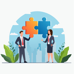Fototapeta premium Conversation or communication for success, meeting discussion to get answer or solution, working together, partnership or collaboration concept, business people talk with speech bubble jigsaw connec