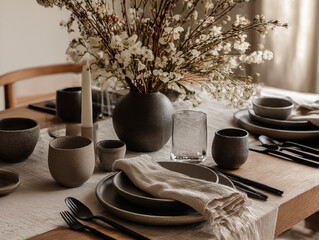 Japandi dining setup with low-profile table, stone dinnerware, rough linen napkins, natural centerpiece
