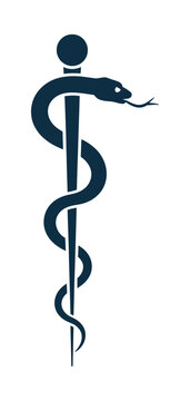 Asclepius rod symbol icon featuring snake wrapped around staff, used in healthcare and medical designs, isolated on white background, also known as rod of aesculapius or traditional healing emblem

