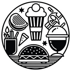 Fast Food Icon Set in Black and White – Burger, Drinks, Desserts, Pizza, and Snacks Vector