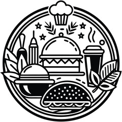 Fast Food Icon Set in Black and White – Burger, Drinks, Desserts, Pizza, and Snacks Vector