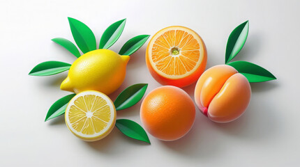 lemon whole cut in half orange and peach green leaves on white background