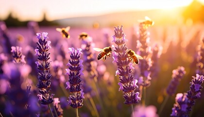 Bee on lavender flowers, a closeup of pollination in vibrant field