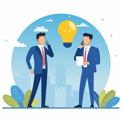 Communicate idea, advice or solution, good communication skill for business success, brainstorm or discuss in meeting concept, smart businessman talk to colleague on phone line with lightbulb symbo