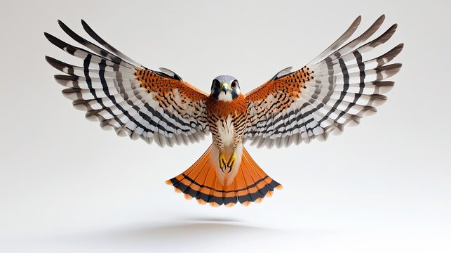 A banded kestrel hovering mid-air