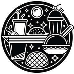 Fast Food Icon Set in Black and White – Burger, Drinks, Desserts, Pizza, and Snacks Vector