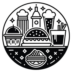 Fast Food Icon Set in Black and White – Burger, Drinks, Desserts, Pizza, and Snacks Vector
