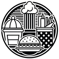 Fast Food Icon Set in Black and White – Burger, Drinks, Desserts, Pizza, and Snacks Vector