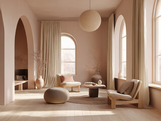 Japandi interior with soft clay pink walls, linen drapes, blonde wood flooring, organic shapes, and handmade ceramic accents