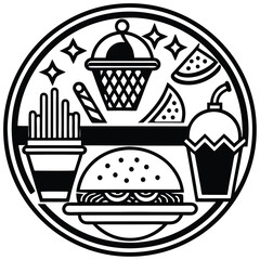 Fast Food Icon Set in Black and White – Burger, Drinks, Desserts, Pizza, and Snacks Vector