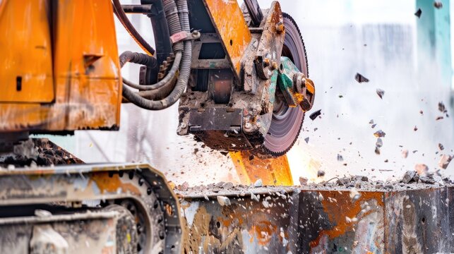 Construction vehicle cutting concrete