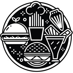 Fast Food Icon Set in Black and White – Burger, Drinks, Desserts, Pizza, and Snacks Vector