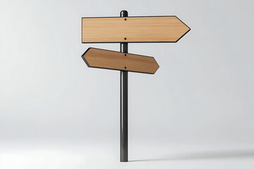 Modern wooden arrow signpost mockup with two directional boards on a clean white background, symbolizing choice, pathways, and future decisions