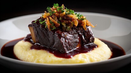 A tender, slow-braised short rib resting on creamy polenta, drizzled with rich red wine reduction, garnished with crispy shallots and herbs