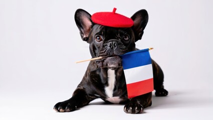 Adorable black French bulldog wearing a vibrant red beret sits on a white background, proudly holding a small French tricolor flag in its mouth
