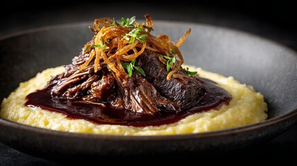 A tender, slow-braised short rib resting on creamy polenta, drizzled with rich red wine reduction, garnished with crispy shallots and herbs
