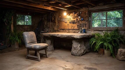 A basement workspace lit with Edison bulbs, concrete floor, tool bench converted into a desk, pegboard with neatly arranged tools, and a rugged, DIY vibe