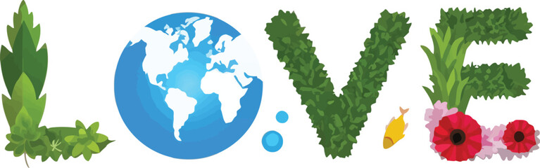 Obraz premium Earth day concept with love text made of plants flowers and a fish celebrating nature