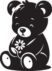 Adorable black and white vector illustration of a cartoon teddy bear holding a flower
