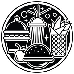 Fast Food Icon Set in Black and White – Burger, Drinks, Desserts, Pizza, and Snacks Vector