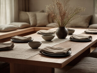 Japandi dining setup with low-profile table, stone dinnerware, rough linen napkins, natural centerpiece