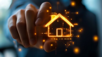 A hand interacting with a glowing house icon surrounded by digital particles and light effects