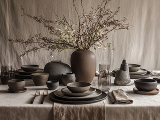 Japandi dining setup with low-profile table, stone dinnerware, rough linen napkins, natural centerpiece