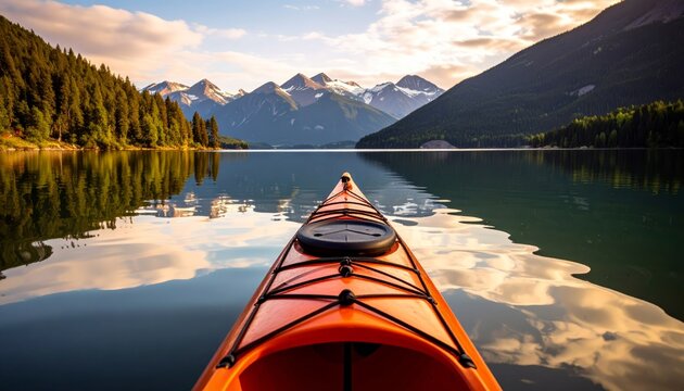 Serene red kayak adventure, tranquil water exploration and scenic nature photography