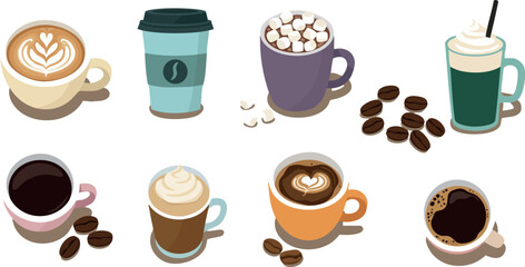 Assorted coffee drinks with cups and beans vector illustration in varied styles and colors 