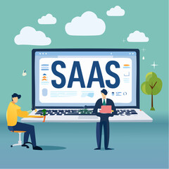 SaaS software as a service, cloud computing software for client subscription, internet web application online platform provider concept, businessman working with computer laptop on SaaS scree