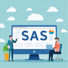 SaaS software as a service, cloud computing software for client subscription, internet web application online platform provider concept, businessman working with computer laptop on SaaS scree