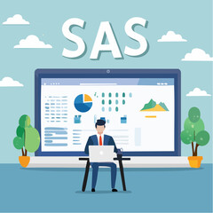 SaaS software as a service, cloud computing software for client subscription, internet web application online platform provider concept, businessman working with computer laptop on SaaS scree