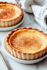 Small custard tarts sprinkled with spice powder stand on plates. Marble surface. A striped linen rests nearby. Gluten-free low-carb sweet treat concept.