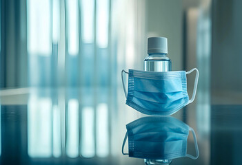 Hand sanitizer bottle on protective face mask